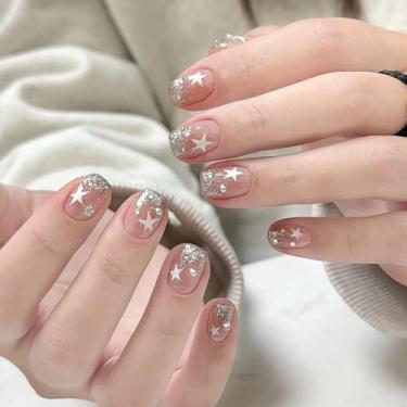 Imagem de Unhas postiças curtas quadradas com glitter francês, cola falsa com design simples de estrela, strass, cobertura total, bastão falso artificial em unhas de acrílico para mulheres, casamento, 24 peças