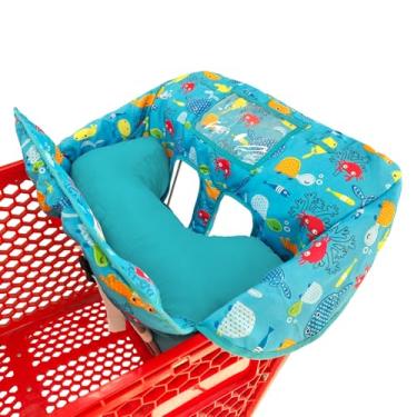 Imagem de Almofada macia anexada ao carrinho de compras 2 em 1 e capa de cadeira alta para bebês ~ Acolchoada ~ Estilo Dobrável ~ Portátil com Bolsa de Transporte Grátis (Blue Seaworld)