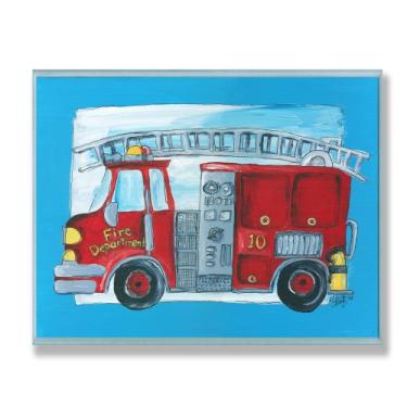 Imagem de The Kids Room by Stupell Caminhão de bombeiros com placa de parede retangular de borda azul