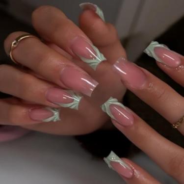 Imagem de Unhas de pressão quadradas médias com cola falsa verde francesa com design 3D, cobertura completa, bastão falso artificial em unhas de acrílico para mulheres, casamento, 24 peças