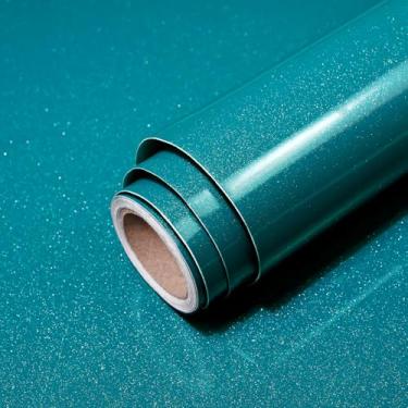 Imagem de wishFIRE Papel de parede verde petróleo para bancada verde petróleo brilhante papel de parede descascar e colar 39,9 cm x 508 cm papel de parede à prova d'água removível decorativo armário de cozinha