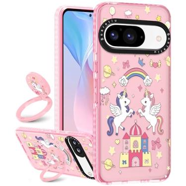 Imagem de Boaretiu Capa fofa Kawaii para Google Pixel 9/9Pro com suporte - Design de suporte de anel giratório adesivo de 360° moderno para mulheres meninas femininas para Google Pixel 9/9Pro, cavalo arco-íris