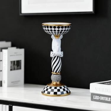 Imagem de Suporte de castiçal de animal coroado preto e branco com detalhes dourados estátua de resina eclética para decoração de casa moderna, centro de mesa