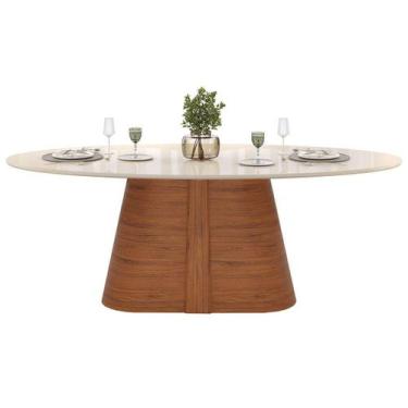 Imagem de Mesa Multiuso Cozinha Ryze c/ Tampo Madeirado c/ Vidro Oval 218x108cm 