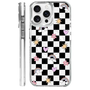 Imagem de OKBUOK Capa para iPhone 15 Pro Max [compatível com Magsafe], capa magnética transparente de silicone à prova de choque com padrão de flores quadriculadas