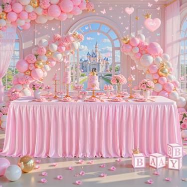 Imagem de Toalhas de mesa de cetim rosa de 1,8 m para mesas retangulares – Capa de mesa de festa de elastano brilhante com saia de mesa plissada, toalha de mesa de casamento sem rugas e brilhante, peça única