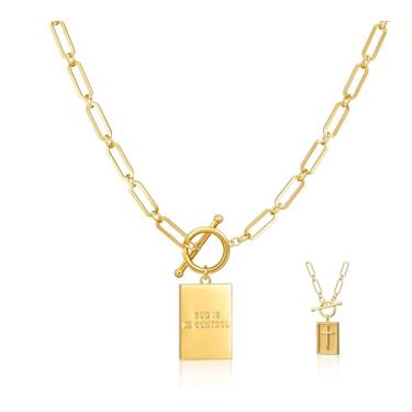 Imagem de Moodear Colar de cruz para mulheres, moderno, grosso, banhado a ouro 14K, banhado a ouro, prata, pingente de cruz, fecho articulado, corrente de clipe de papel, colar delicado para mulheres, moderno