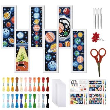 Imagem de FREEBLOSS Conjunto de 6 conjuntos de marcadores de página de ponto cruz com estampa de planetas, kits de bordado de 11 CT com instruções para iniciantes e adultos, 20 x 6 cm