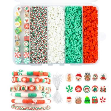 Imagem de FINEWEN Kit de miçangas de argila de Natal para pulseiras (4000 peças), kit de contas Heishi coloridas de Natal vermelho e verde, artesanato de Natal (vermelho, verde, branco, estilo 1)