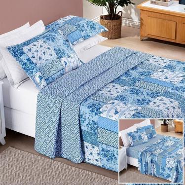 Imagem de Colcha + Jogo De Cama Bouti Estampado Queen 07 Peças 100% Poliéster - Azul Sereno