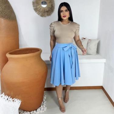 Imagem de Saia Midi Godê Moda Evangélica Feminina - Miss Flower, Azul claro, P