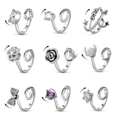 Imagem de TiTiC 9 anéis de ansiedade para mulheres, conjunto de anéis de ansiedade giratórios, zircônia cúbica aberta, flor, estrela, lua, alívio da lua para adultos, Cobre
