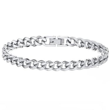 Imagem de Rockyu Pulseira masculina de elos cubanos, de aço inoxidável, prata, 7 mm de espessura, corrente de 19 cm, hipoalergênica, durável, polida, joia para presente de aniversário da moda hip hop