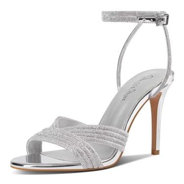 Imagem de GPXGPX Sandálias femininas de salto alto com strass e salto agulha brilhante com tira no tornozelo, bico redondo, bico aberto, elegantes para casamentos, sandálias sexy, Prata, 41