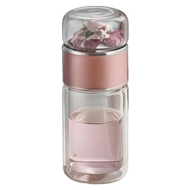 Imagem de LUMINFLY Garrafa de infusor de chá ouro rosa, copo de vidro resistente ao calor de parede dupla, coador de chá de folhas soltas, caneca de viagem de 500 ml