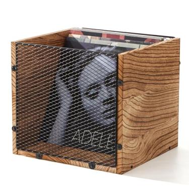 Imagem de Sanmtin Caixa de armazenamento de discos de vinil, porta-discos de vinil de madeira e metal para 80-100 LP, caixa de armazenamento de álbum resistente (marrom retrô, 2)
