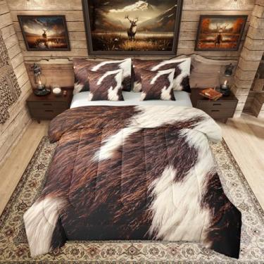 Imagem de Erosebridal Jogo de cama solteiro de couro bovino marrom com estampa de vaca fofa em uma bolsa para meninos, adolescentes, adultos, pele de animal de fazenda, rústico, conjunto de edredom leve de
