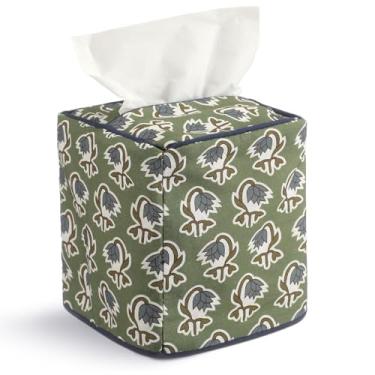 Imagem de Mimorou Capa de caixa de lenços de tecido verde - Caixa de lenços com estampa floral e suporte de guardanapo quadrado decorativo feito à mão em algodão para casa, quarto, penteadeira, bancada, mesas