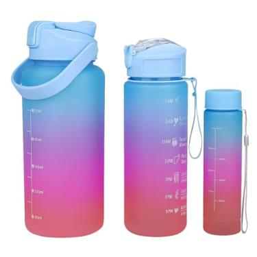 Imagem de Kit 3 Garrafas Squeeze Coloridas Motivacional, Design Moderno,2 litros, 700ml e 300ml, Portátil, Cilíndrico, para Academia, Escritório e Escola (azul/Roxo/Laranja)