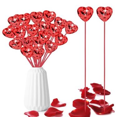 Imagem de YLOLUL 24 peças de palitos de coração vermelho para decoração de dia dos namorados com bolas de discoteca espelhadas com glitter vermelho amor amor para vaso enchimento de coração centro de mesa para