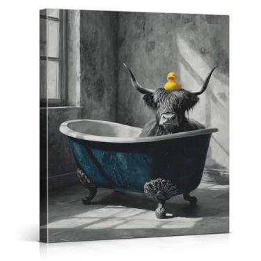 Imagem de Engraçado highland vaca banheiro decoração de parede preto e branco highland vaca impressão pôster engraçado animal decoração de parede para banheiro tela emoldurada 20x25