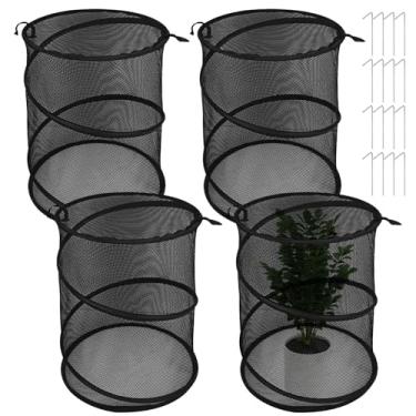 Imagem de LUMINFLY Pacote com 4 redes de proteção de plantas de jardim pop-up com 16 estacas de solo, cloches de plantas pretas, capas de malha transparente para proteção de plantas internas e externas