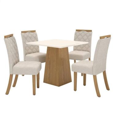 Imagem de Mesa De Jantar Dora 90cm Canto Reto Sem Vidro Nature Off White Com 4 Cadeiras Bella Linho - Henn