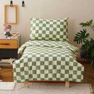 Imagem de Pureant Jogo de cama infantil xadrez verde e quadriculado quadriculado para meninas, 4 peças, verde sálvia e branco, incluindo edredom, lençol de cima, lençol com elástico e fronha
