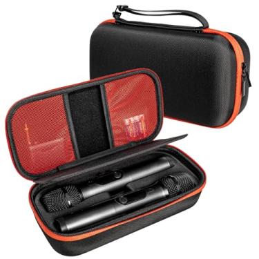 Imagem de Estojo de armazenamento de microfone rígido para caixa de festa, serve para dois microfones sem fio, preto Eva, portátil com zíper laranja, 258,5 x 18,5 x 8 cm
