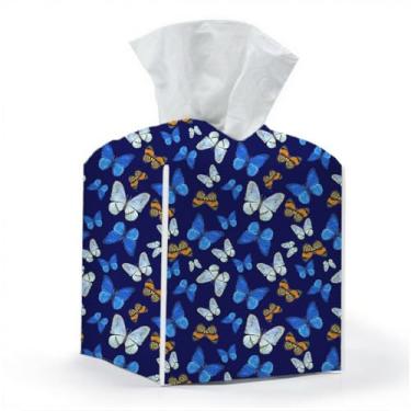 Imagem de Capa de caixa de lenços, suporte de caixa de lenços, quadrado com fundo de cinto, organizador decorativo de couro PU para mesa, bancada, banheiro, carro, escritório, cômoda, decoração de borboleta