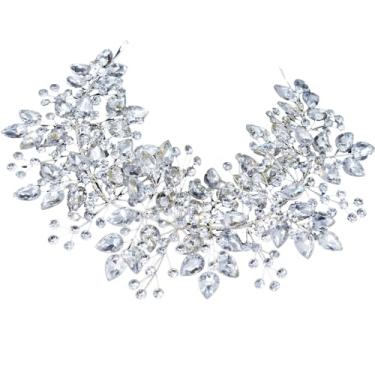 Imagem de Tiara de strass feita à mão para noiva, acessórios de cabelo de casamento, coroa flexível ajustável, 30 cm x 9 cm em elegante peruca de noiva