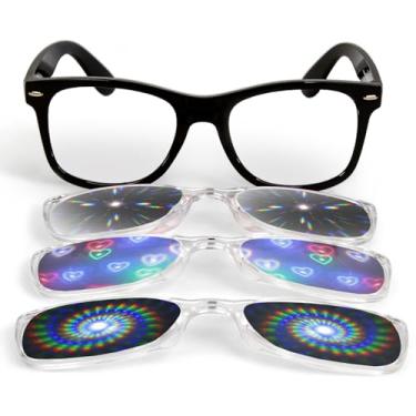Imagem de GloFX Snaps: Óculos De Sol Com Difração Para Raves, Armações Pretas Magnéticas Lentes Em Formato Linha, Coração E Espiral, Acessórios Festivais, Equipamentos, Efeitos Caleidoscópio