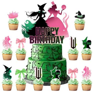 Imagem de 25 peças de enfeite de cupcake de aniversário de bruxa, rosa e verde, suprimentos de festa de aniversário, decorações de bolo, enfeites de bolo de princesa engraçados para decoração de festa de