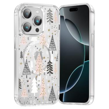 Imagem de RUMDEY Capa de celular Merry Christmas Tree para iPhone 16 Pro, capa magnética transparente de 6,3 polegadas, compatível com Magsafe, capa com design de padrão de inverno fofo à prova de choque macio