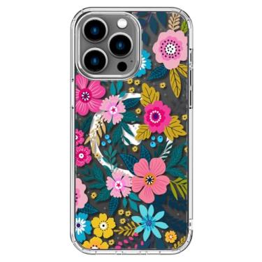 Imagem de ICEDIO Capa para iPhone 15 Pro Max com protetor de tela - compatível com carregamento sem fio, proteção aprimorada da câmera, capa transparente com design floral moderno para mulheres - Floração
