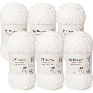 Imagem de Reessy Pacote de fios de chenille de veludo – 6 novelos × 100 g super volumosos (CYC #6) – Veludo macio grosso para crochê e tricô, fio de chenille fofo para cobertores, cachecóis e artesanato (branco