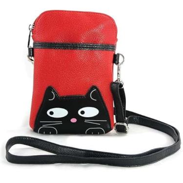 Imagem de Bolsa transversal de gato para meninas, bolsa pequena de couro sintético com alça ajustável, 2 compartimentos, bolsa infantil leve preta e vermelha