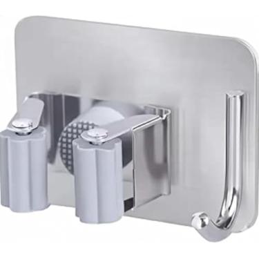 Imagem de Suporte de Parede Multifuncional em Aço Inox, Organizador Autoadesivo para Vassouras, Rodos e Utensílios de Limpeza, Design Moderno em Prata