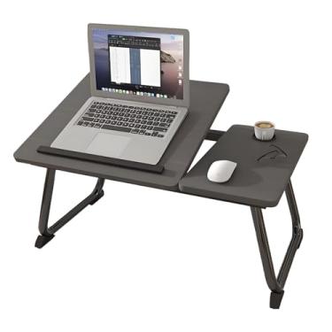 Imagem de Mesa de cama para laptop, mesas ajustáveis de madeira para cama, mesa portátil dobrável para laptop com suporte de copo embutido ou escrita, leitura, café da manhã, desenho e trabalho (preto)