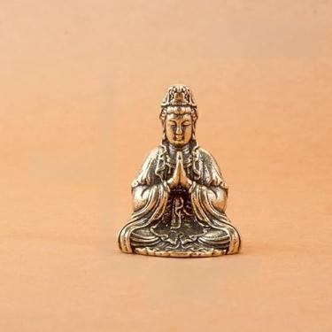Imagem de SAINWORDS Meditação Buda estátua de Buda estatueta metal cobre latão portátil tamanho mini escultura de viagem altar escritório decoração de mesa painel de carro acessórios zen ornamentos (G)