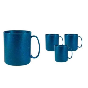 Imagem de Kit 4 Canecas Redonda Fibra Madeira Azul 400Ml - Bb Store