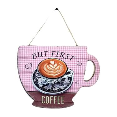 Imagem de XLWLLNJ Placa de porta para cafeteria em formato de xícara, 2D, com corda, faça você mesmo, placa de madeira criativa para pendurar na parede da sala de, a