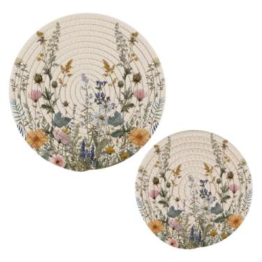 Imagem de Blueangle 2 peças de suporte de panela de tripé de flores silvestres com borboletas - conjunto de pegadores de panela de tecido redondo - almofadas quentes trançadas de algodão - porta-copos - tapetes