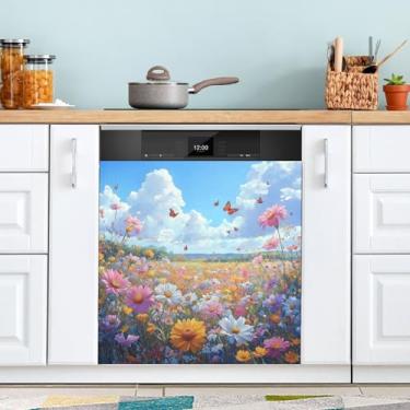 Imagem de ATTX Capa de ímã de lava-louças colorido flores silvestres prado, 58,4 cm C x 66 cm A decoração da capa da máquina de lavar louça, decalques de armário doméstico eletrodomésticos adesivos #148