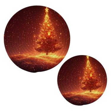 Imagem de Blueangle 2 peças de suporte de panela de trivet de árvore de Natal com estrelas brilhantes - conjunto de pegadores de panela de tecido redondo - almofadas quentes trançadas de algodão - porta-copos