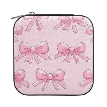 Imagem de SEHANY Caixa de joias personalizada com laço rosa para mulheres, meninas, mini estojo de joias de couro PU, organizador de joias de viagem, caixa de joias para brincos, anéis, colares, presentes para