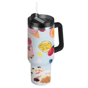 Imagem de Blueangle Copo de sorvete de frutas de 1,134 g com alça e tampa de palha, caneca de viagem de aço inoxidável isolada a vácuo de parede dupla, garrafa de água reutilizável para academia de escritório