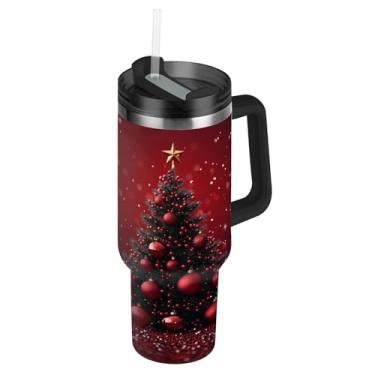 Imagem de Blueangle Copo de bolas vermelhas de Natal de 850 g com alça e tampa de palha, caneca de viagem de aço inoxidável isolada a vácuo de parede dupla, garrafa de água reutilizável para academia de