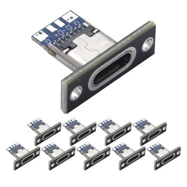 Imagem de Cermant 10 peças conector USB 3.1 tipo C 24 pinos plugue fêmea adaptador receptáculo para fio de solda e cabo 24P placa PCB módulo de suporte com placa de fixação de parafuso preto
