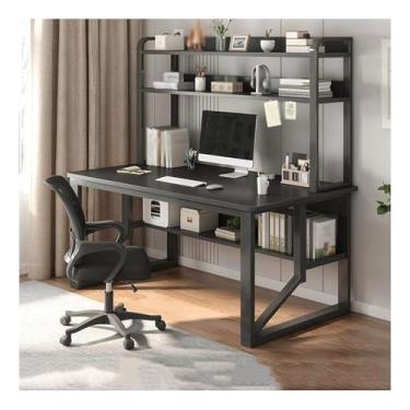 Imagem de Mesa de computador, mesa de estudo de escrita para economia de espaço, mesa simples moderna com prateleiras de armazenamento abertas, estrutura de metal, mesa de trabalho para escritório doméstico C